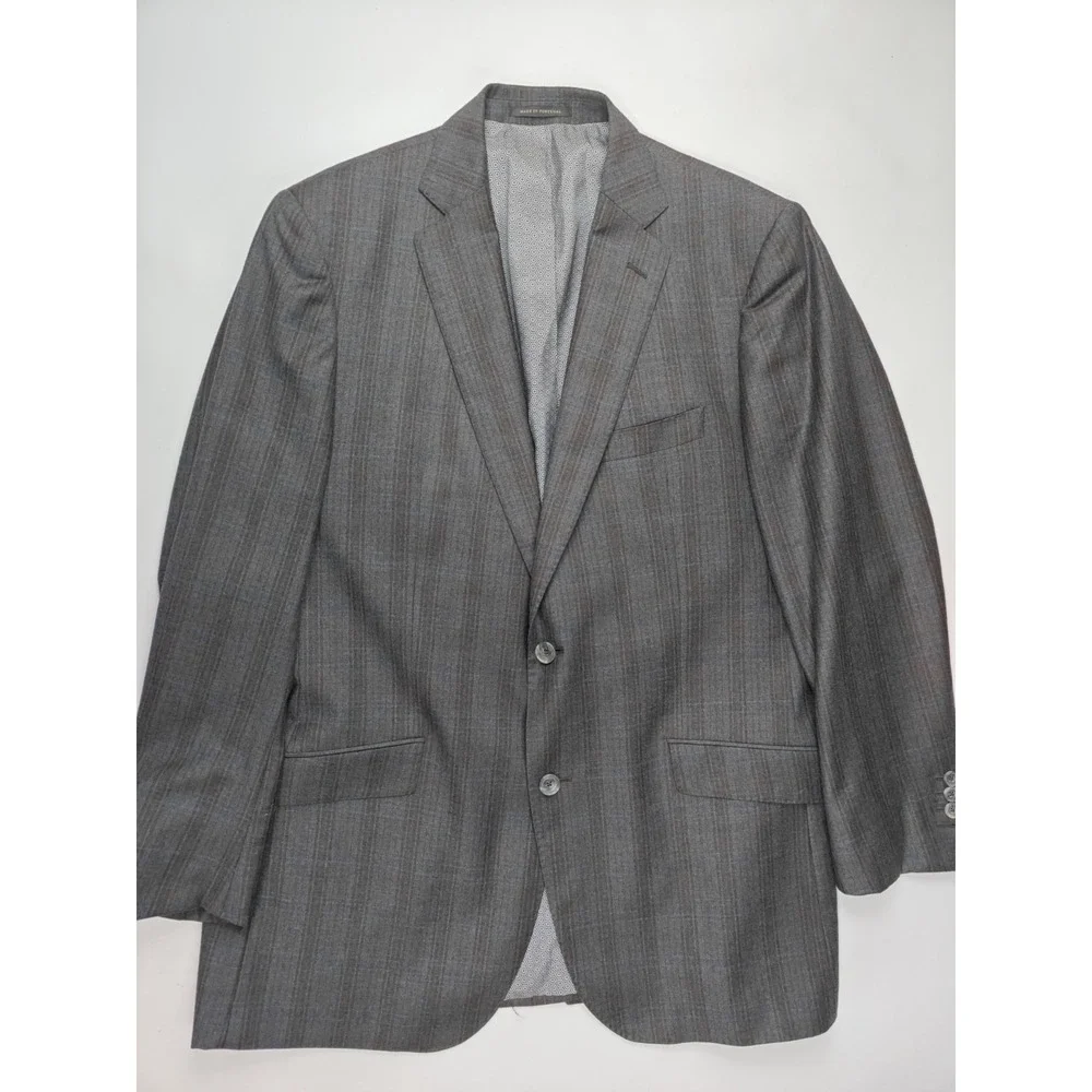 J Hilburn Mens 43L Wool Sport Coat Blue Brown Plaid Classic Fit 2 Button D701